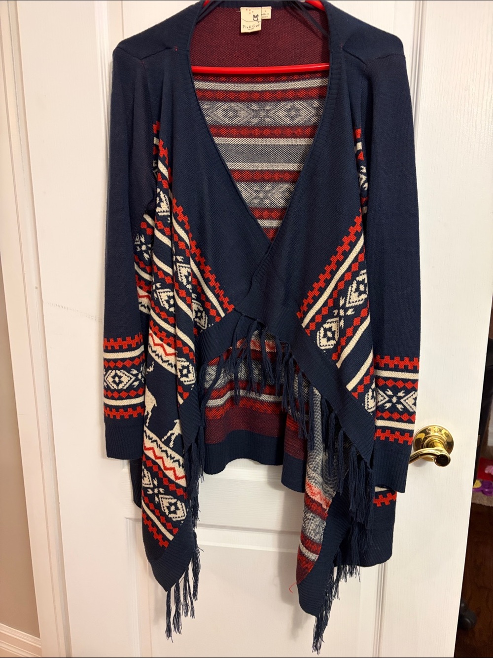 Pink Owl Navy Fringe Aztec Cardigan with Red and Cream Accents